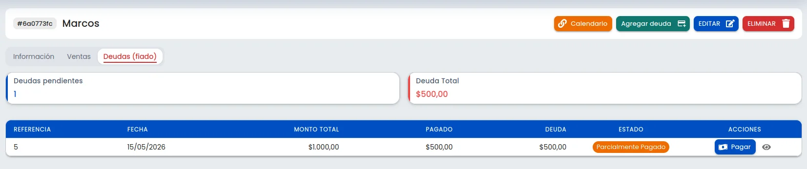 Ficha de cliente con tab Deudas (fiado), saldo total, deudas pendientes y botón de pago en Gestión Ventas